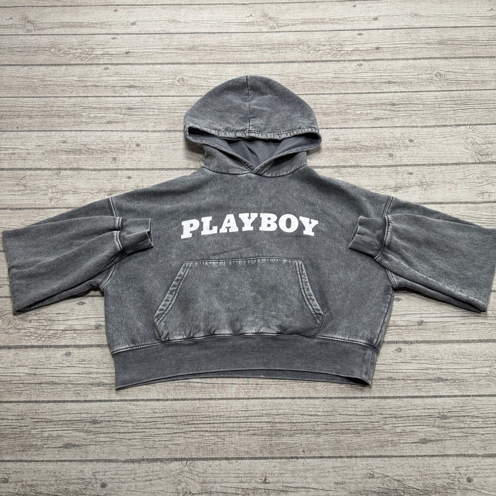 Playboy Hoodie Women's Large Gray Mineral Wash Cropped Boxy Fit Fleece Pullover